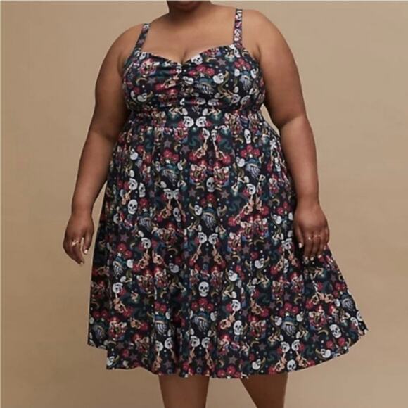 Torrid Retro Chic Midi Dress Size 1X Tattoo Print Skull Mermaid Pinup Tulle - Picture 1 of 7